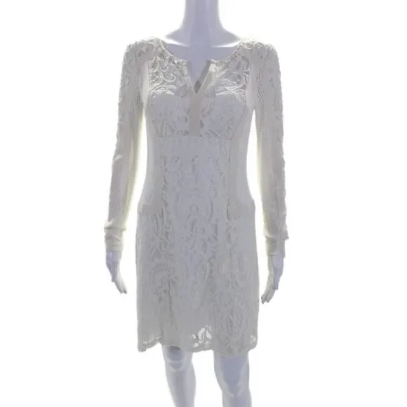 Nanette Lepore Womens Floral Lace Mesh Textured Zipped Midi Dress White Size 4 Nanette Lepore Womens Floral Lace Mesh Textured Zipped Midi Dress White Size 4
